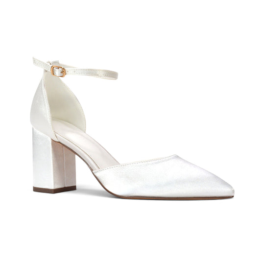 ivory pointed toe wedding heels for brides, women’s ivory bridal pumps with ankle strap, elegant ivory wedding heels for women, ivory bridal shoes with comfortable block heel