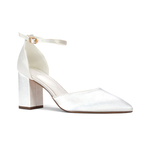 ivory pointed toe wedding heels for brides, women’s ivory bridal pumps with ankle strap, elegant ivory wedding heels for women, ivory bridal shoes with comfortable block heel