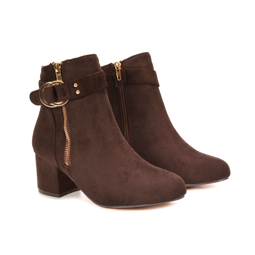 Brown ankle boots, Women's faux suede block heel ankle boots