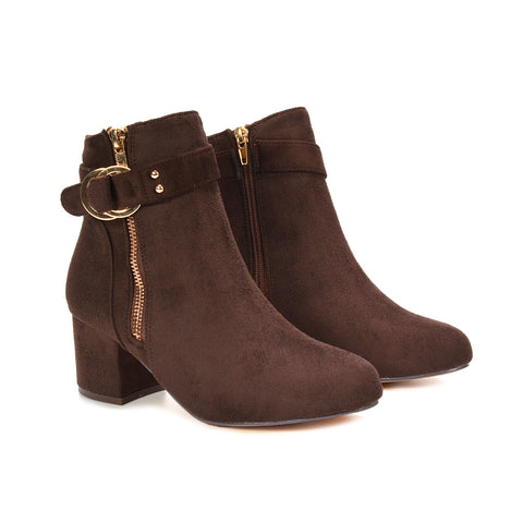 Brown ankle boots, Women's faux suede block heel ankle boots
