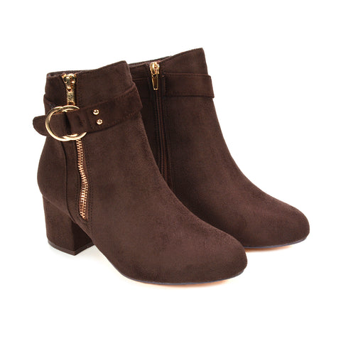 Block heel ankle boots with buckle detail, Faux suede ankle boots