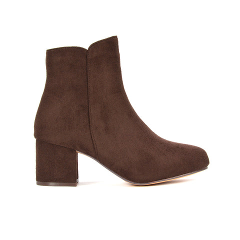 brown faux suede ankle boots for women, women's brown block heel ankle boots, chocolate brown suede look ankle boots, brown faux suede heeled booties