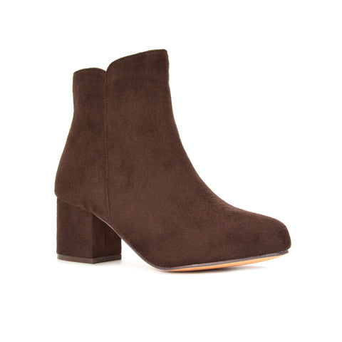 women's mid heel brown ankle boots, pointed toe brown ankle boots, brown slip-on ankle boots for women, elegant brown suede ankle booties