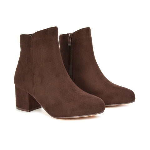 casual brown block heel boots, brown ankle boots for everyday wear, women's smart casual brown boots, brown faux suede winter ankle boots