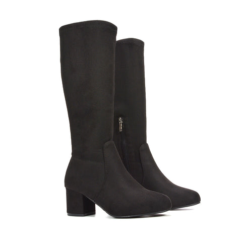 black block heeled boots, black block heel knee high boots, block heeled boots, block heel knee high boots