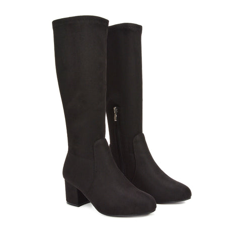 black zip up boots, black zip up knee high boots, zip up boots, zip up knee high boots, stretchy boots, stretchy knee high boots
