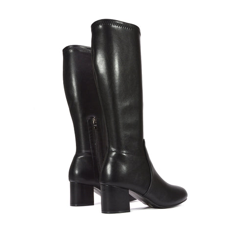 black zip up boots, black zip up knee high boots, zip up boots, zip up knee high boots, stretchy boots, stretchy knee high boots