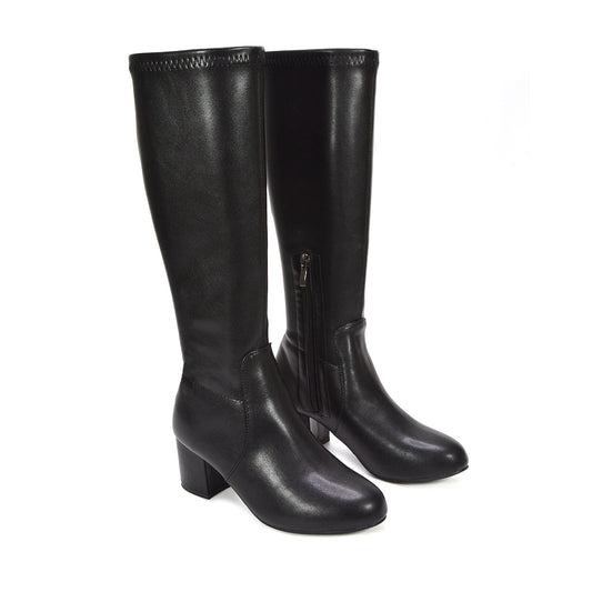 black heeled boots, black high heel knee high boots, heeled boots, high heel knee high boots