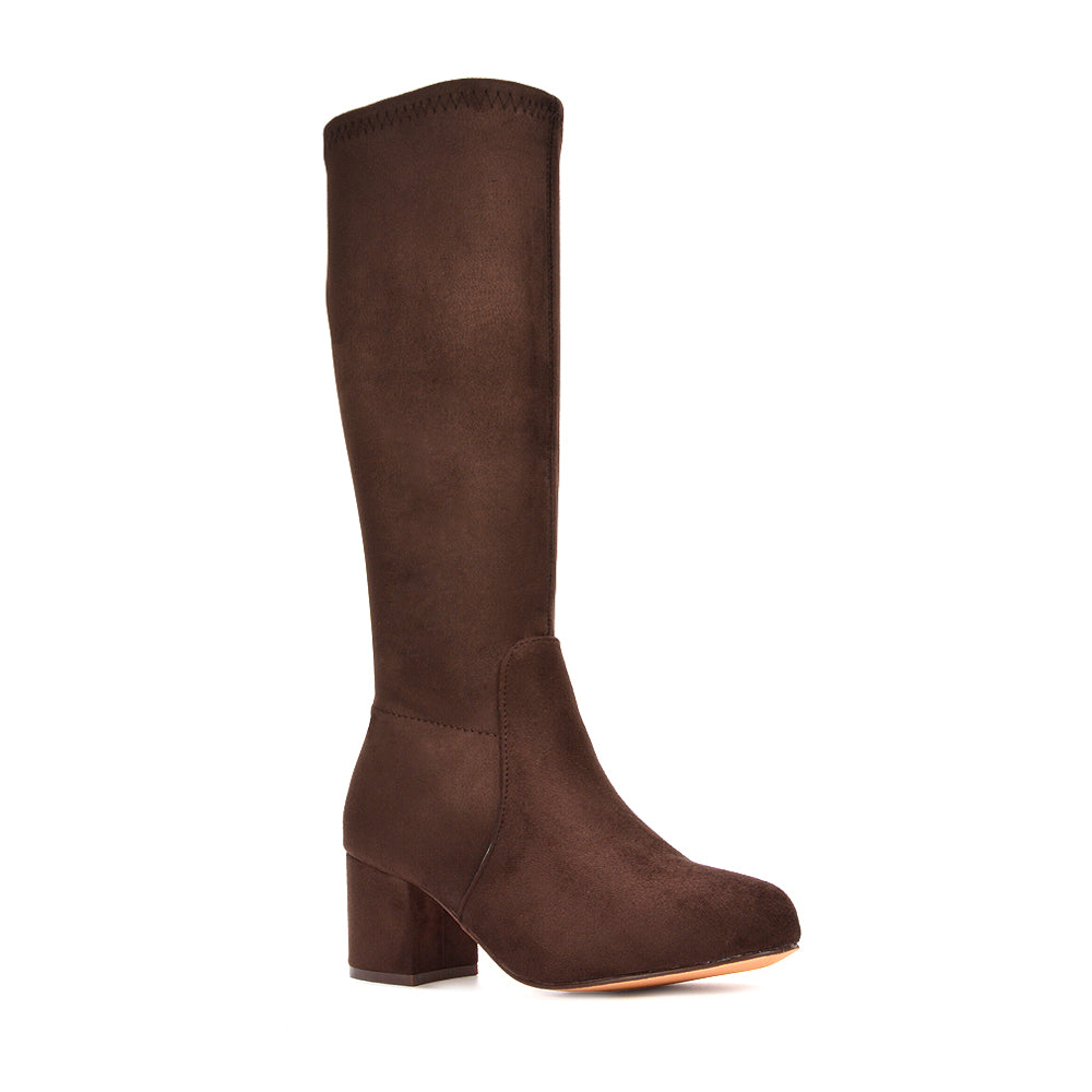 brown heeled boots, brown high heel knee high boots, heeled boots, high heel knee high boots
