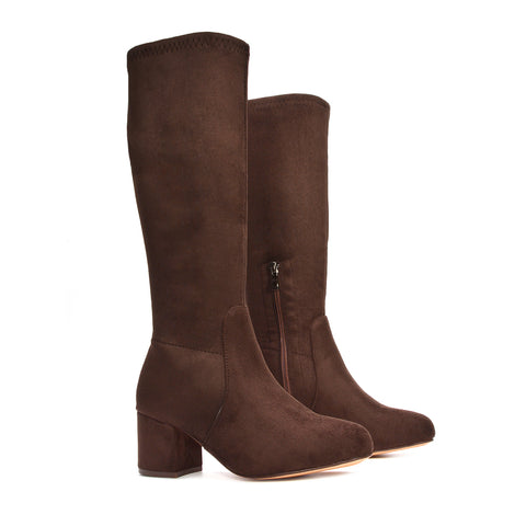 brown heeled boots, brown high heel knee high boots, heeled boots, high heel knee high boots