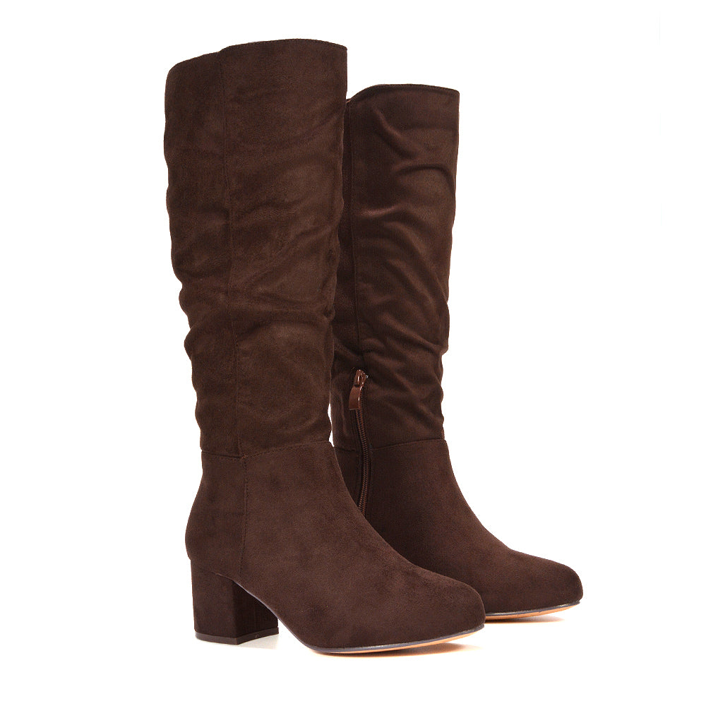 dark brown ruched knee high boots for women, brown slouch knee high boots with block heel, brown faux leather tall boots with chunky heel, women’s brown knee high boots with rounded square toe