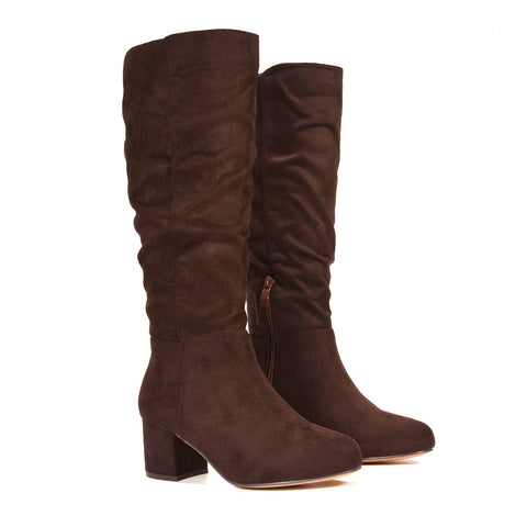 dark brown ruched knee high boots for women, brown slouch knee high boots with block heel, brown faux leather tall boots with chunky heel, women’s brown knee high boots with rounded square toe