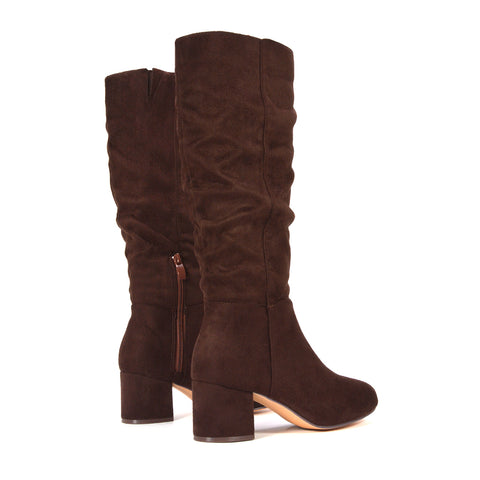 dark brown tall boots with comfortable block heel, brown knee high boots for dresses and skirts, brown knee high boots for fall and winter outfits, casual brown knee high boots for women
