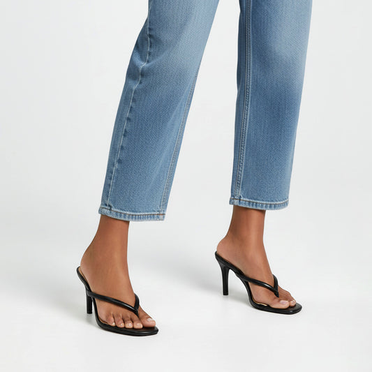 black flip flop heeled mules