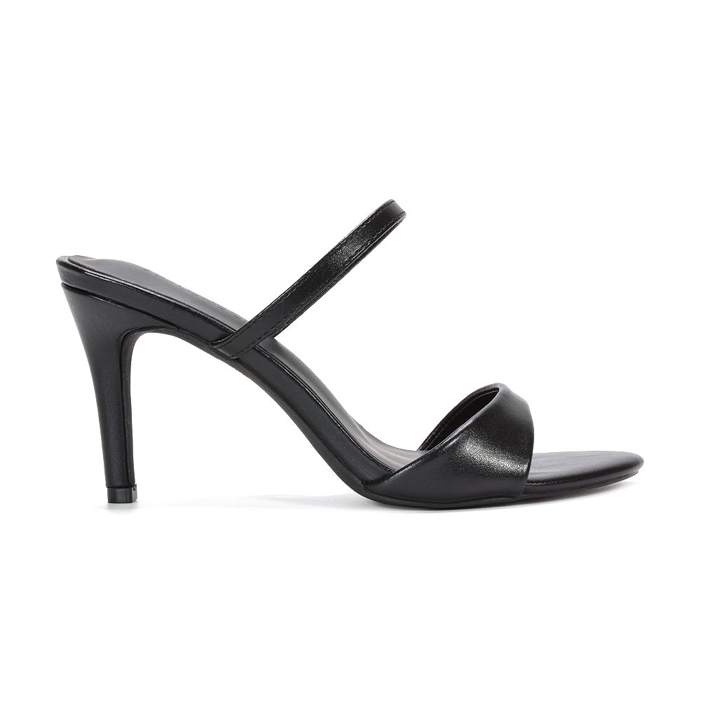 black stiletto mule heels, black stiletto high heel slip on mules, black heels for weddings, trendy black mule heels
