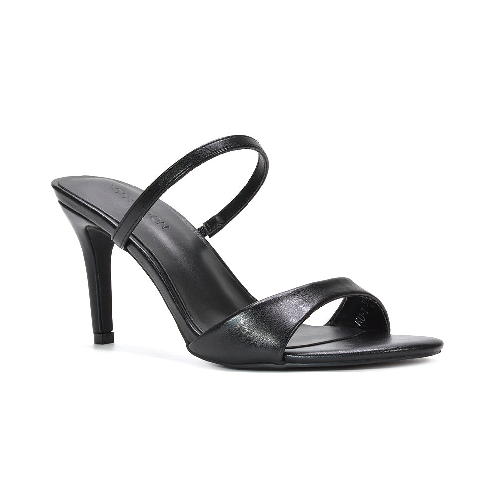 black stiletto mules, black party heels, women's black strappy stiletto mule heels, black strappy mule heels