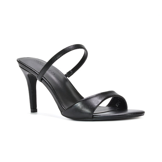 black stiletto mules, black party heels, women's black strappy stiletto mule heels, black strappy mule heels