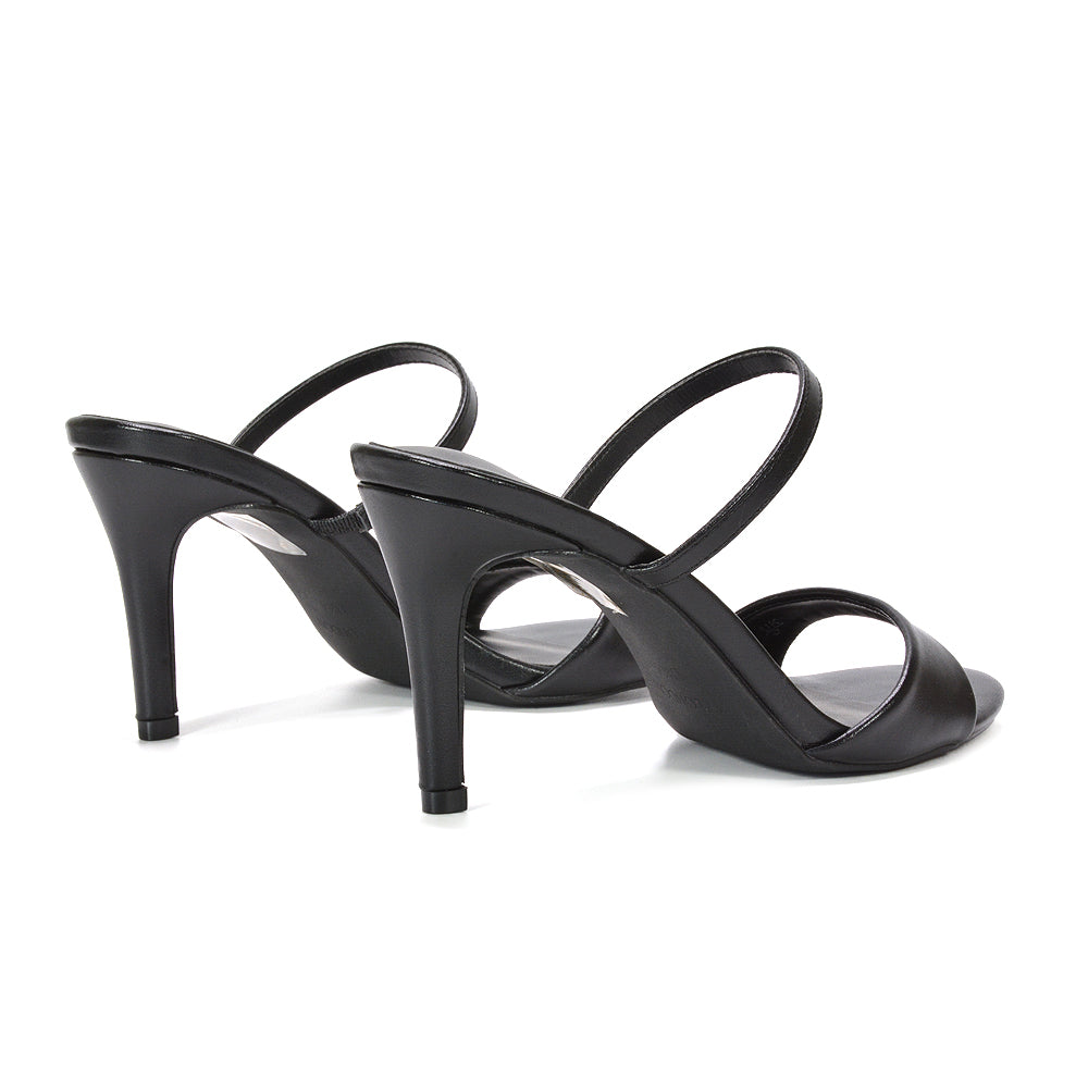black mule sandals, black date night heels, black strappy mule sandals for women, black high heel mules