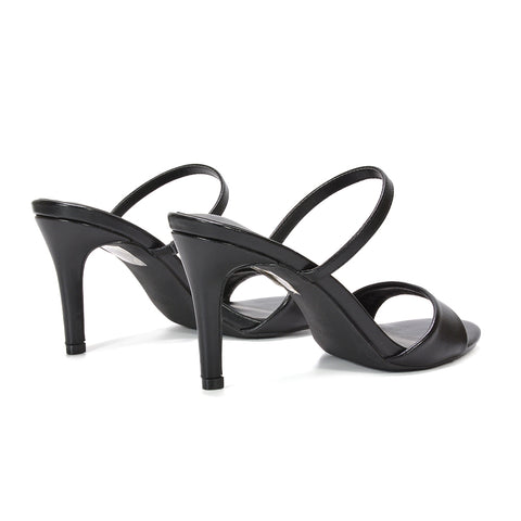 black mule sandals, black date night heels, black strappy mule sandals for women, black high heel mules