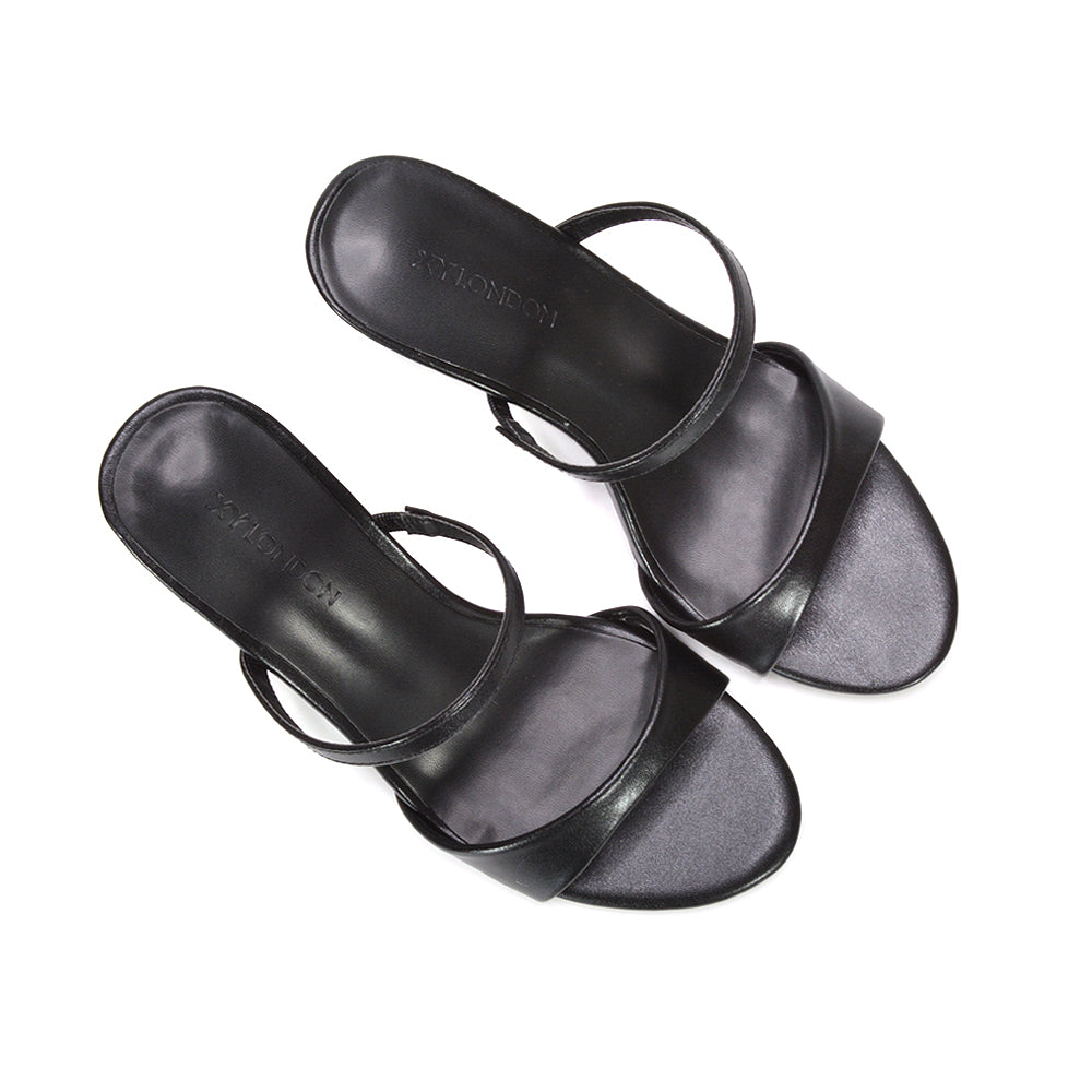 black evening sandals, black prom heels, black strappy mule heel, black slip on stiletto sandals for women, black women's mule heels