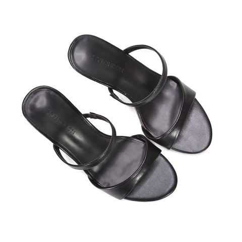 black evening sandals, black prom heels, black strappy mule heel, black slip on stiletto sandals for women, black women's mule heels