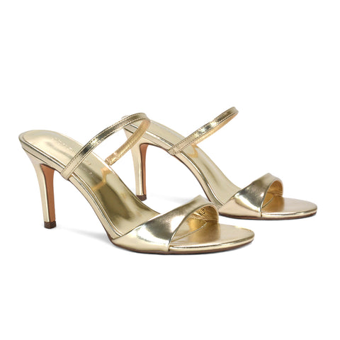 gold high heel mules, metallic gold open toe stiletto sandals, gold bridesmaid shoes