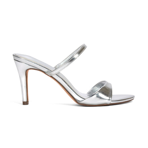 silver stiletto mule heels, women's silver stiletto high heel mules, metallic silver heels, silver wedding heels
