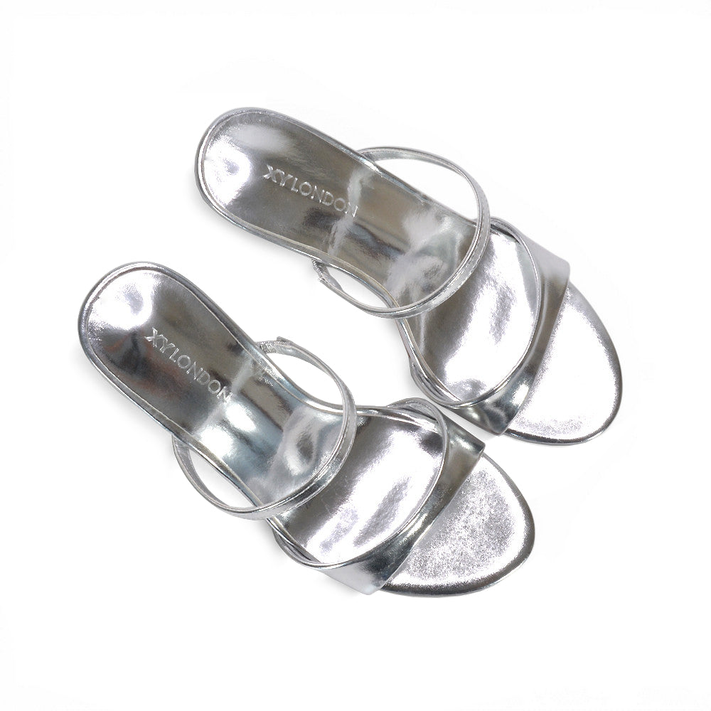 silver holiday party heels, crystal embellished silver heels, rhinestone silver mule heels, silver open toe heels