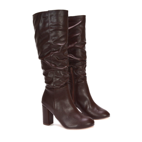 Women's high heel boots, Women's side zipper brown knee-high boots