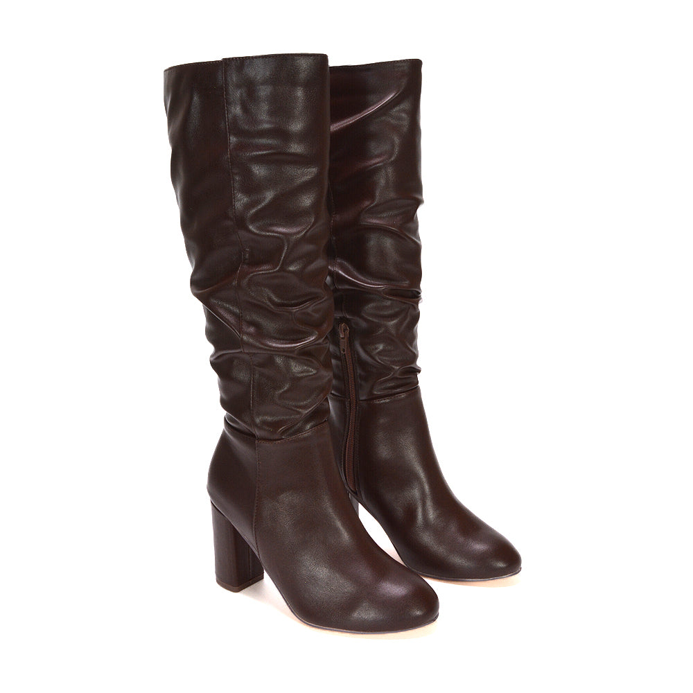 Brown faux leather knee-high boots for women, Brown slouch boots