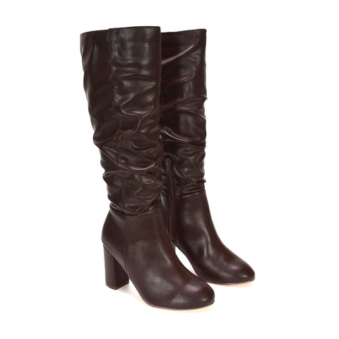Brown faux leather knee-high boots for women, Brown slouch boots