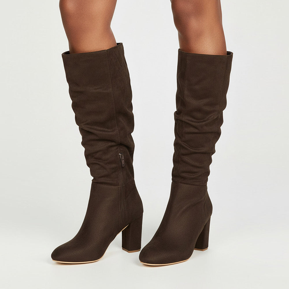 brown suede block heel boots