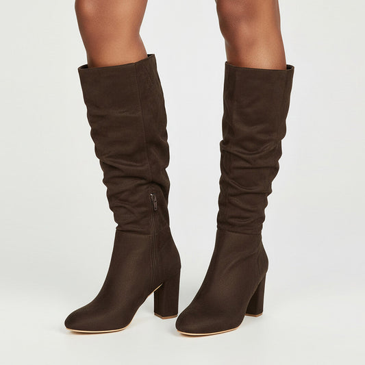 brown suede block heel boots