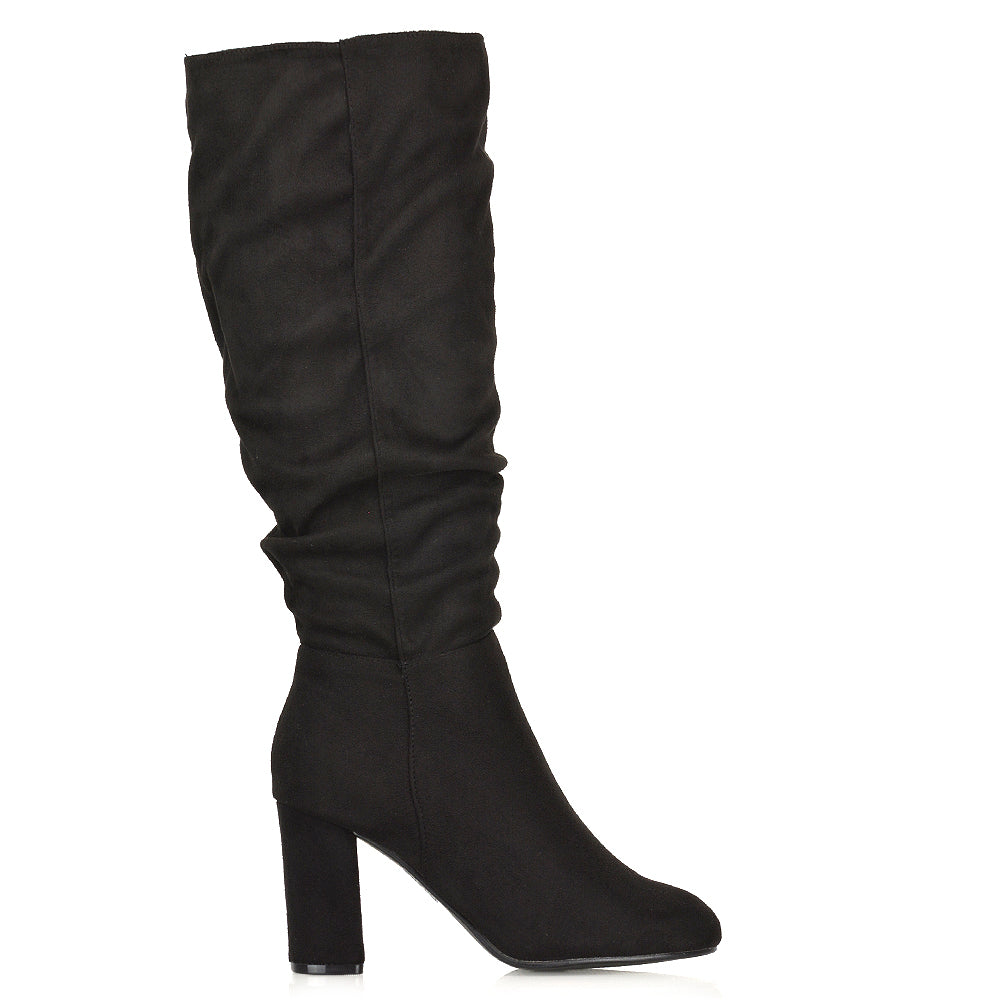 Black suede long boots, Women's black suede ruched zip-up winter boots, black suede boots