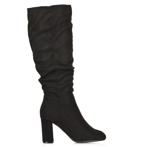 Black suede long boots, Women's black suede ruched zip-up winter boots, black suede boots