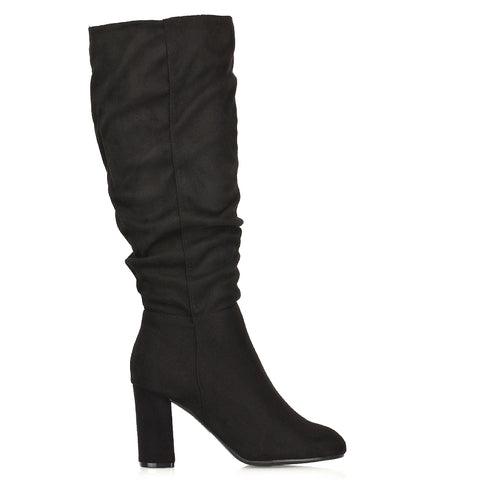 Black suede long boots, Women's black suede ruched zip-up winter boots, black suede boots