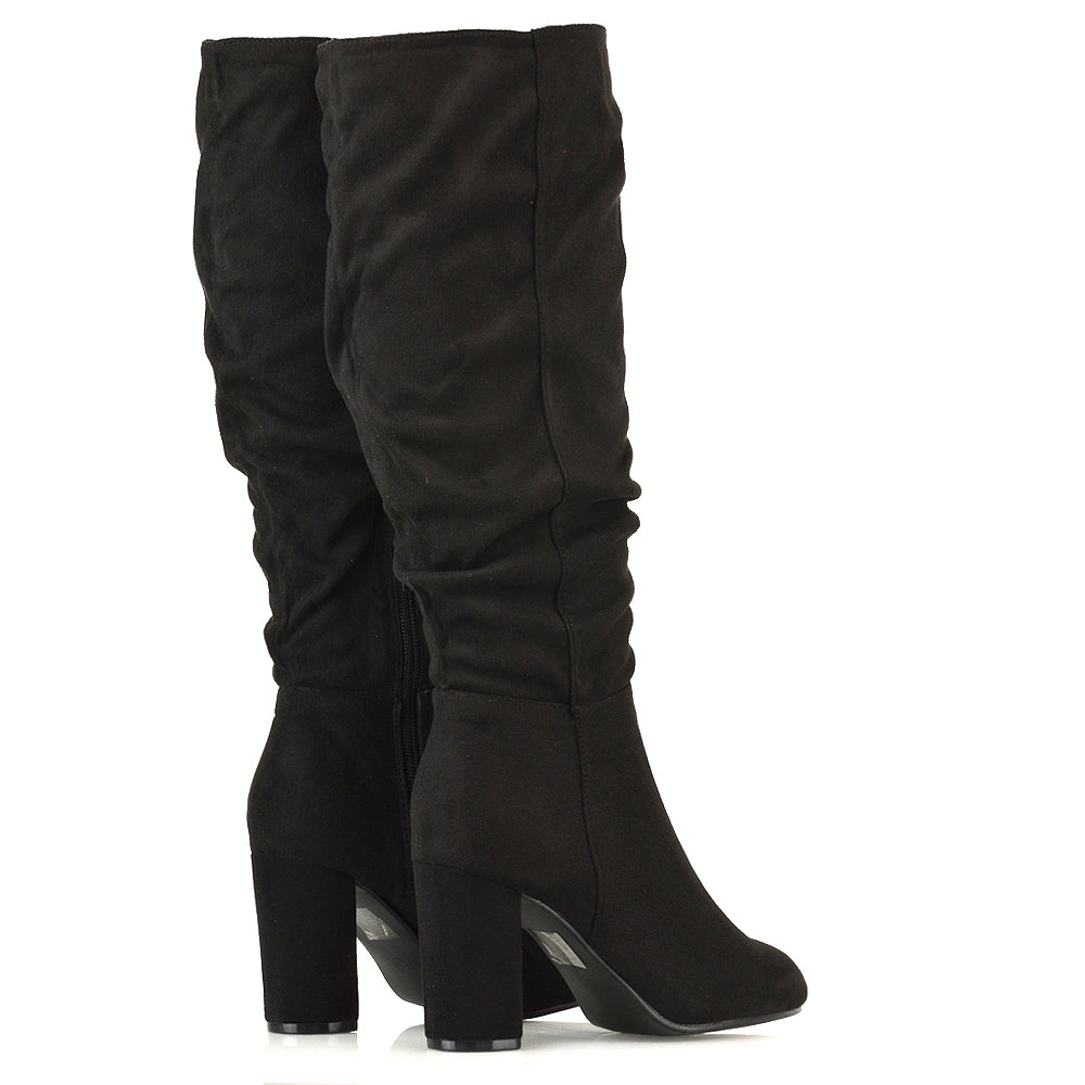 suede winter boots, Black suede below-the-knee block heel boots, Black suede winter boots