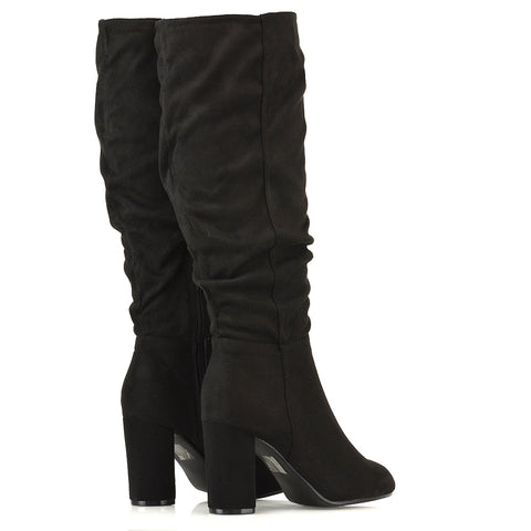 suede winter boots, Black suede below-the-knee block heel boots, Black suede winter boots