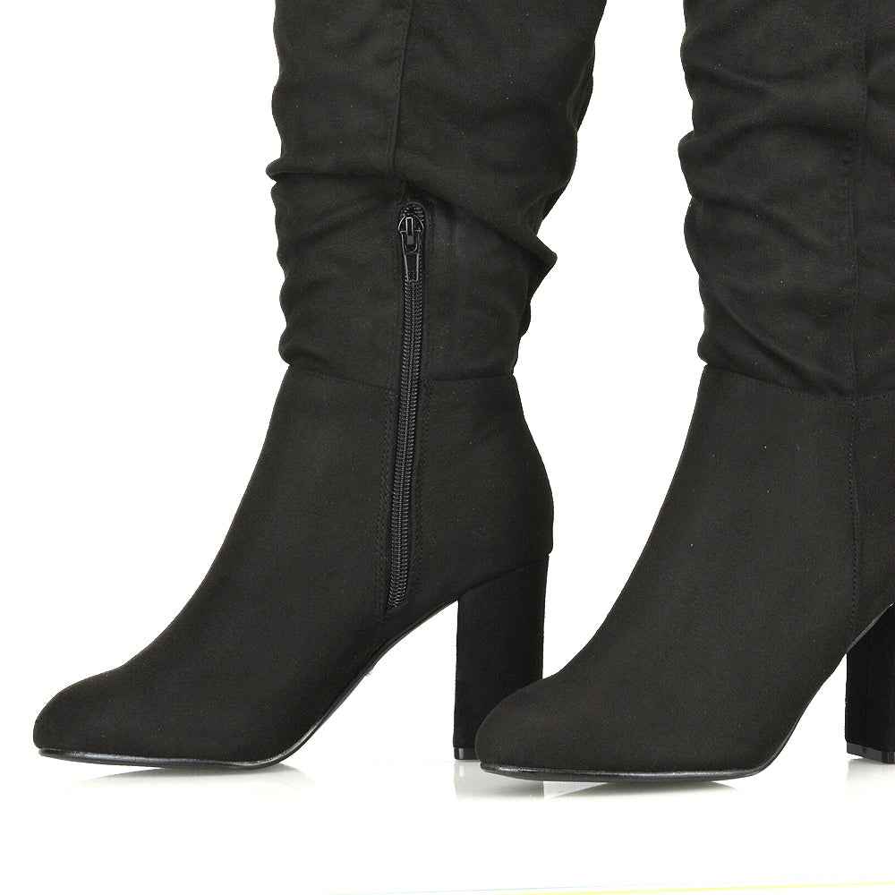 Ruched suede boots, Elegant black suede high heeled long boots for women, ruched boots