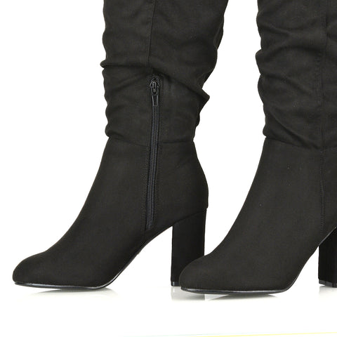 Ruched suede boots, Elegant black suede high heeled long boots for women, ruched boots