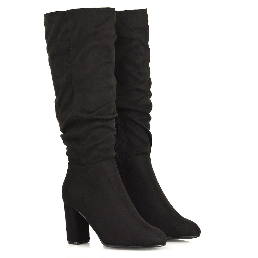 black long boots, Ruched black suede boots with side zipper closure, Black block heel boots
