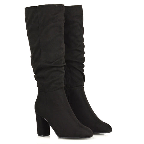 black long boots, Ruched black suede boots with side zipper closure, Black block heel boots