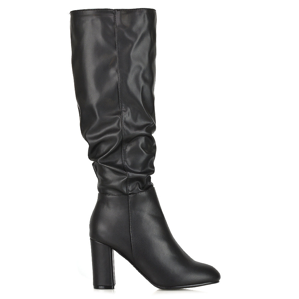 Women's elegant black long boots with zipper closure, Ruched faux leather boots with below-knee coverage, black long boots