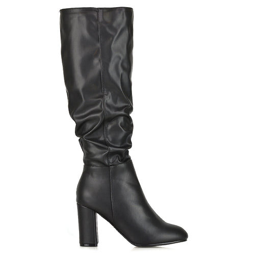 Women's elegant black long boots with zipper closure, Ruched faux leather boots with below-knee coverage, black long boots, black knee high boots block heel