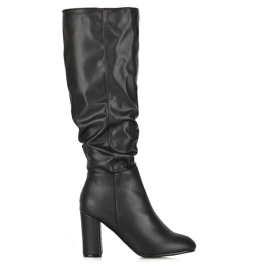 Women's elegant black long boots with zipper closure, Ruched faux leather boots with below-knee coverage, black long boots