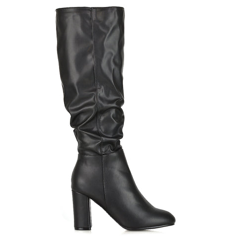 Women's elegant black long boots with zipper closure, Ruched faux leather boots with below-knee coverage, black long boots