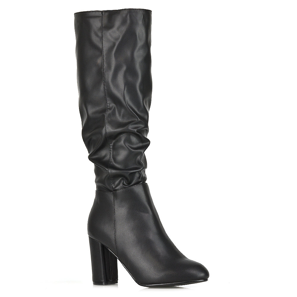 ruched boots, High heeled black faux leather long boots, Zip-up winter boots
