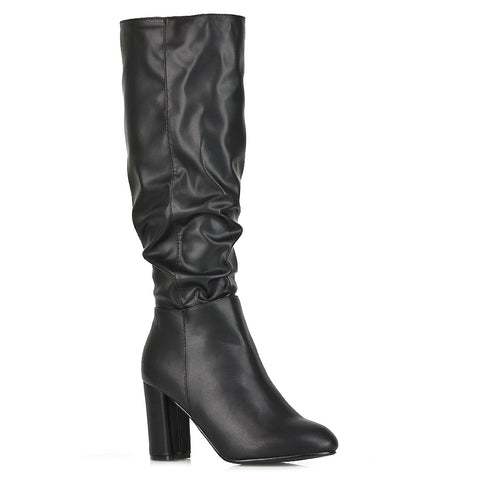 ruched boots, High heeled black faux leather long boots, Zip-up winter boots