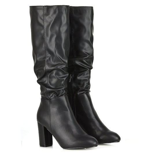 Black synthetic leather boots, Women's black synthetic leather ruched zip-up boots, black synthetic leather boots