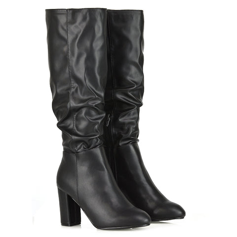 Black synthetic leather boots, Women's black synthetic leather ruched zip-up boots, black synthetic leather boots